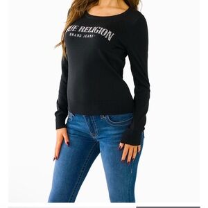 SOLD True Religion Crystal Logo Black Long Sleeved Sweater, Size Small.